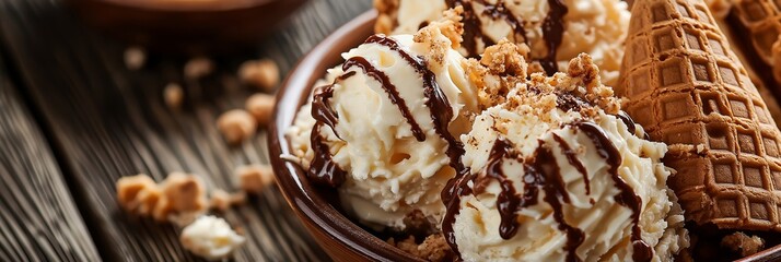 A bowl of ice cream scoops drizzled with chocolate sauce, garnished with waffle cones and sprinkled with nuts.