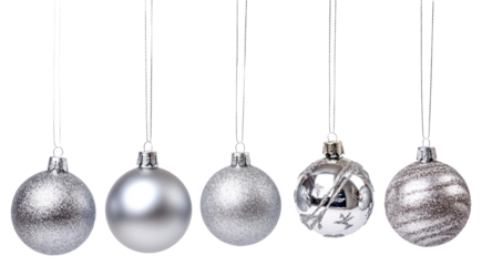 PNG Silver Christmas ornaments hanging elegantly.