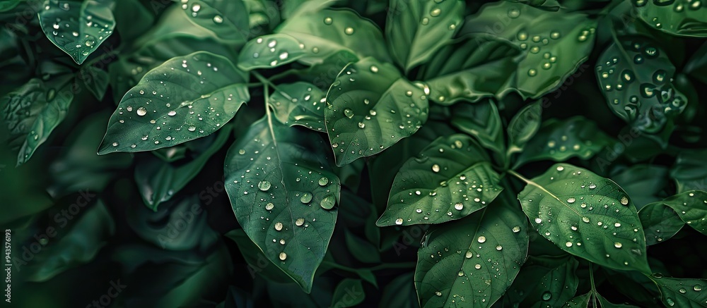 Poster leaves adorned with water droplets post rain creating a picturesque scene with copy space image