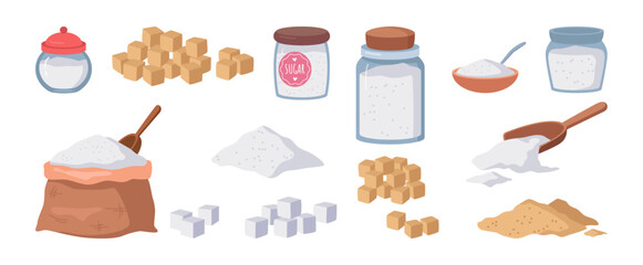 Sugar packets set. Vector isolated granulated crystalline substance in form of powder or cubes. Sugarcane or beets sucrose. Spoon and glassware bottles, sack and bowl for storing sweetener