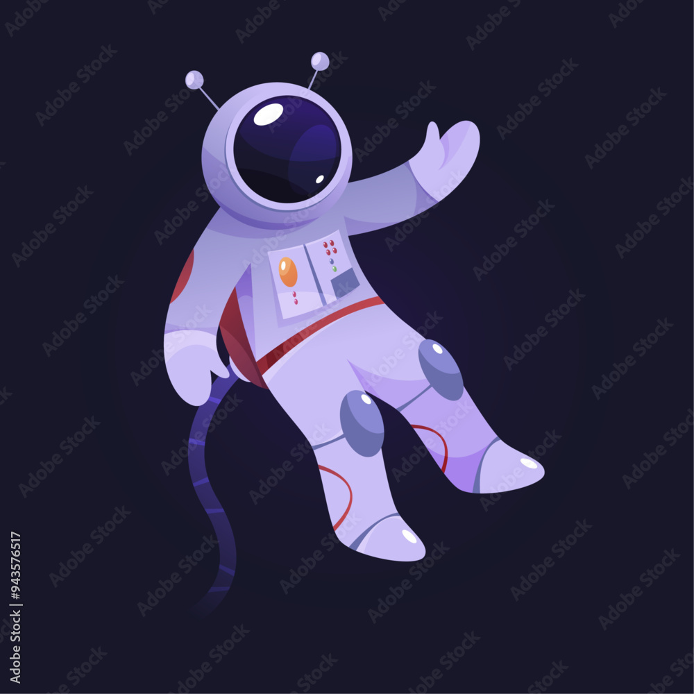 Aufkleber Space and galaxy exploration adventures, isolated cosmonaut floating in universe. Vector astronaut wearing protective helmet and uniform with buttons, character connected to spacecraft