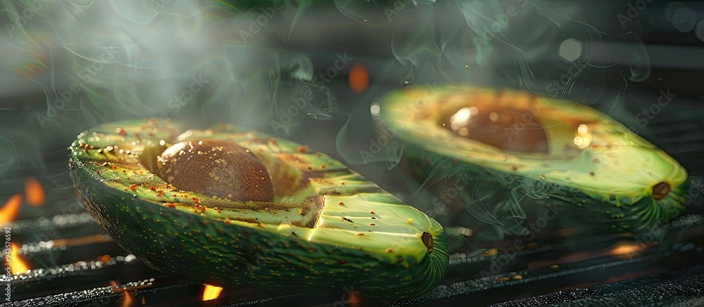 Poster grilled slices of fresh avocado at a health food bbq displayed against a backdrop with copy space im