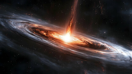 A fiery beam of light erupts from the center of a swirling galaxy.