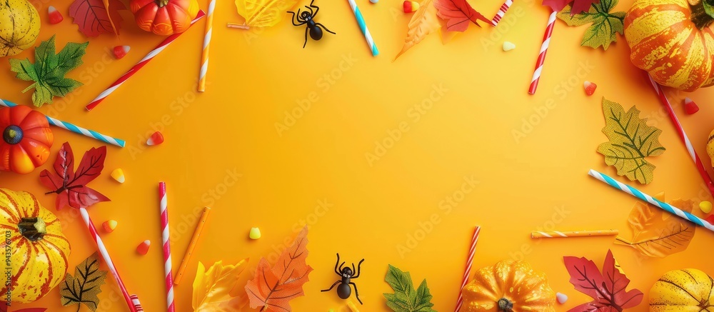 Poster Colorful background with Halloween decorations framing a copy space image using drinking straws