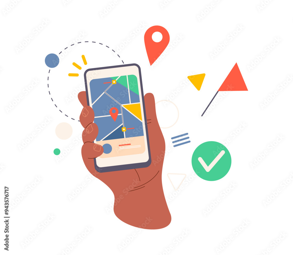 Poster Smartphone screen with map application, flat cartoon vector illustration. Isolated hand with mobile phone display showing streets and pin points of location or destination, app for traveling