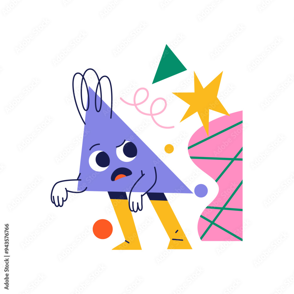 Poster triangle personage with legs and surprised or confused facial expression. vector cartoon character, 