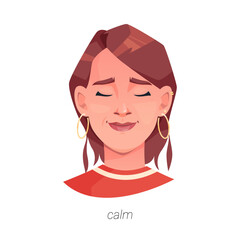 Calm facial expression of woman personage. Vector isolated flat cartoon character, girl with relaxed face muscles and closed eye, light smile. Expressing emotion of stability and balance