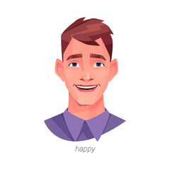 Happy facial expression of man. Vector isolated flat cartoon character with smile and raised brows. Joy and content emotion, emoticon or pleasant person showing gladness and happiness on face