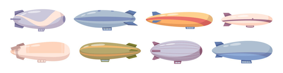 Traveling by air, isolated set of flat dirigibles with space for passengers. Vector flat vintage transportation display. Flight and development of airships, journey and retro designs of apparatus