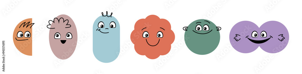 Aufkleber Cartoon characters in form of geometrical shapes. Vector different geometry figures with emotions and smiling facial expressions. Elementary education. Social media reaction sticker, children drawing