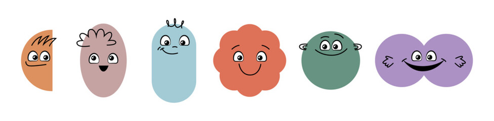 Cartoon characters in form of geometrical shapes. Vector different geometry figures with emotions and smiling facial expressions. Elementary education. Social media reaction sticker, children drawing