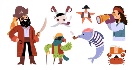 Pirates characters set. Vector isolated captain and boy buccaneers, one legged parrot and dolphin with pipe, starfish in hat and crab with rum, skull with swords. Cute personages in sailor costumes