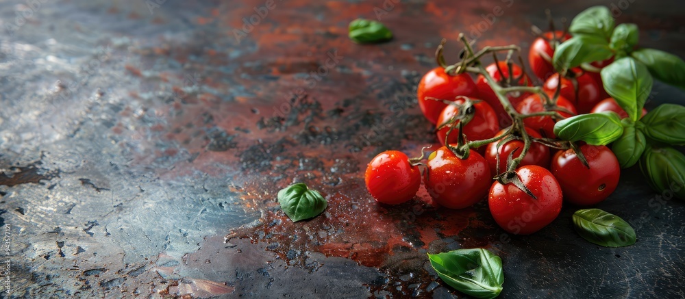 Aufkleber A fresh arrangement of cherry tomatoes and basil on a textured surface perfect for creating tomato sauce suitable for vegans ideal for salads organic ingredients with a designated spot for text in a