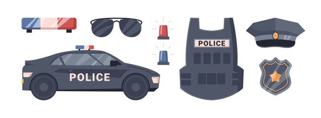 Set of elements for sheriff or officer work. Vector police man equipment collection. Isolated hat, patrol car and special flashers of emergency dept, cop badge and bulletproof vest © Sensvector