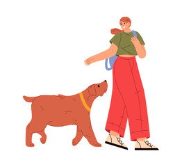 Female personage with backpack walking with dog. Vector isolated flat cartoon character, young girl personage strolling with pet. Owner and canine animal with collar going besides woman