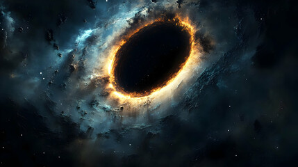 A fiery black hole in a dark galaxy with nebulous cloud patterns.