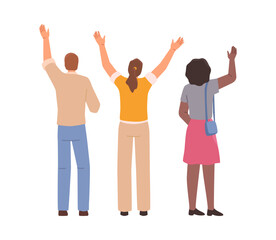 Obraz premium People standing and watching festive fireworks, back view. Vector isolated male and female cartoon characters waving hands. Happy man and women celebrating summer holidays or festival in town