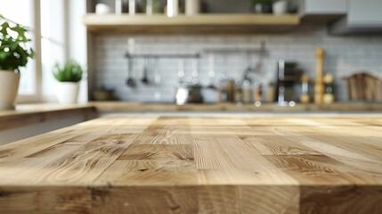 Plan de travail en bois, arri&egrave;re plan cuisine flou, , pour int&eacute;gration produits, ou d&eacute;cor graphique, style mockup