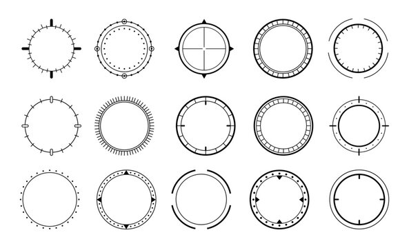 Round decorative border from compass. Vector navigation and direction, nautical and marine instruments, northeast west, meter scale measure. Dial gauge stripes around circle. Circular icon with lines