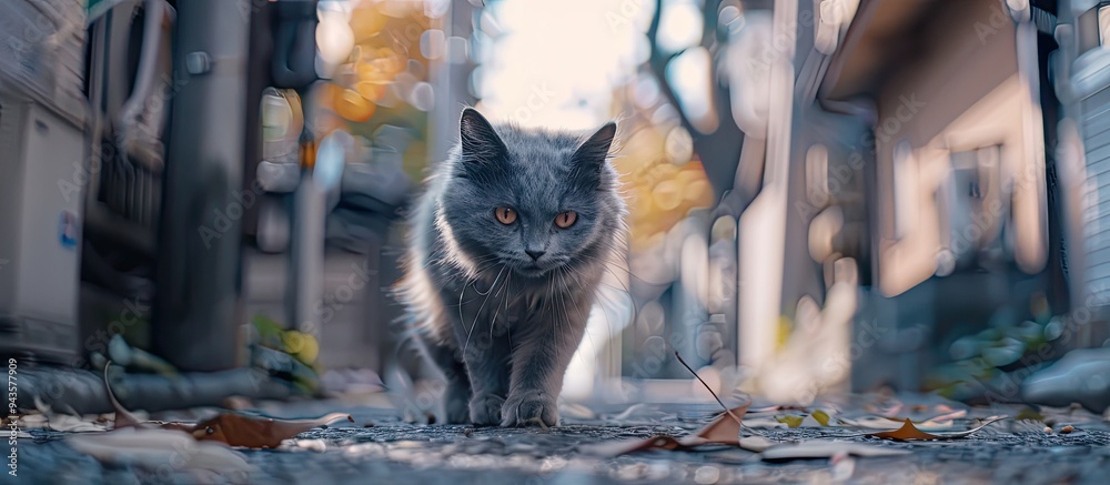 Poster a fluffy gray cat roaming the street with copy space image