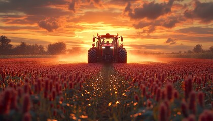 Fototapeta premium Vibrant scene of a tractor spraying pesticides across a thriving soybean farm, with sunlight casting long shadows and creating a cinematic atmosphere