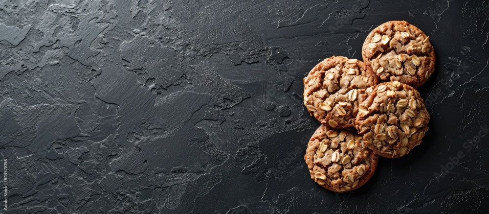 Poster homemade oatmeal cookies on a black backdrop with space for text or images. creative banner. copyspa