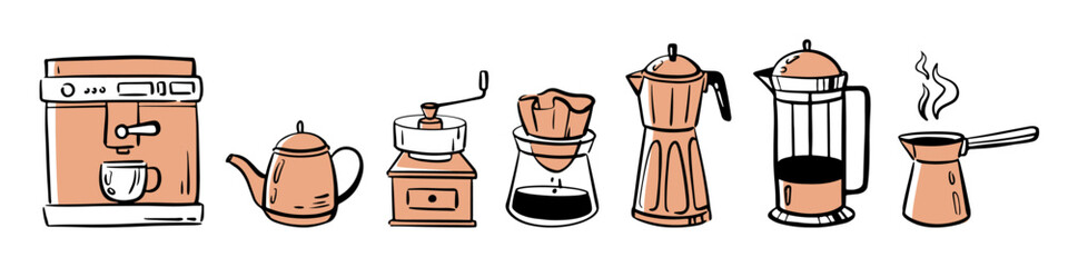 Equipment and tools for making coffee. Vector isolated set of coffee brewing methods. Retro coffeemaker, french press and italian geyser, turkish cezve. Cafe or restaurant, home preparing methods