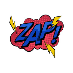 Zap word for comic book background, expression or sound effect in pop art style. Vector isolated sudden release of electricity or some similar energy. Phrase with thunderbolts and polka dot