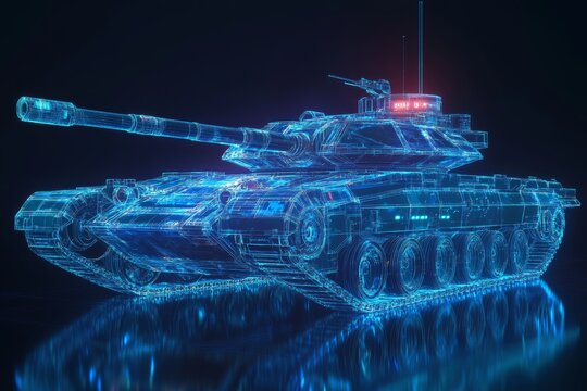 Futuristic neon hologram of tank blueprint showcasing innovative security in business finance