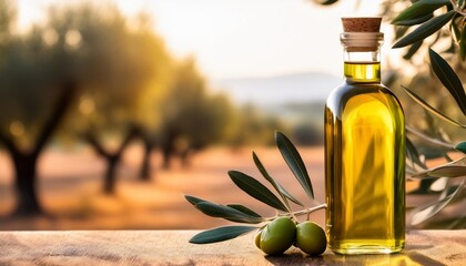 mock up with unlabeled olive oil bottle branches olives and blur background