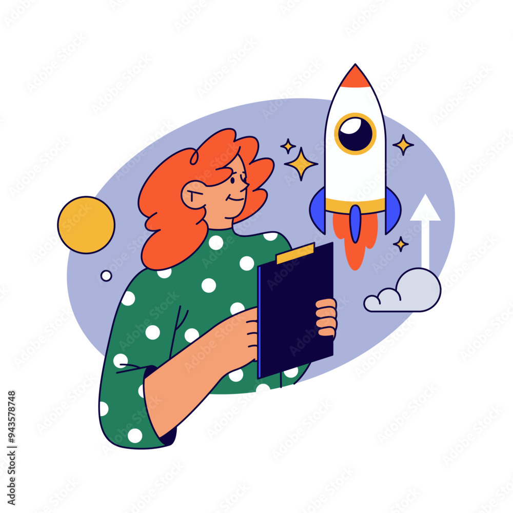 Aufkleber Control and supervision on business startup or project. Vector flat cartoon character looking at launching rocket, checking information in document, plant or strategy documentation