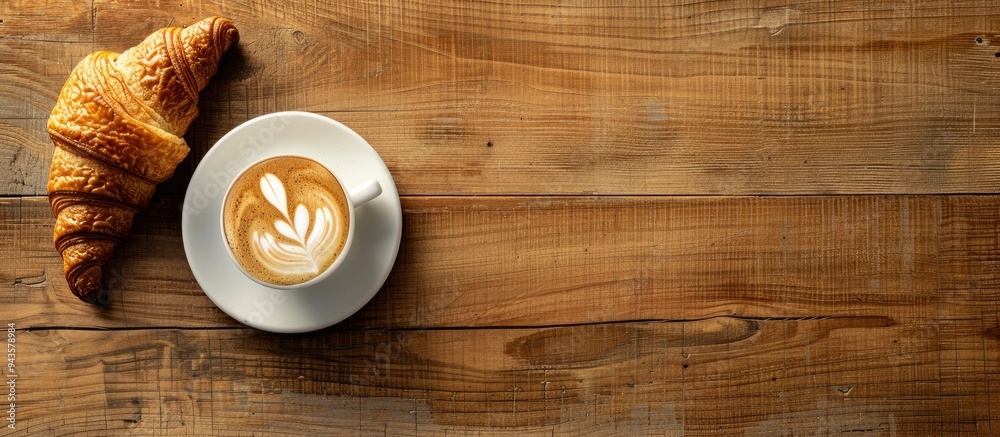 Poster a cappuccino and a fresh croissant displayed on a wooden table in a flat lay image showcasing copy s