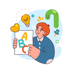 School student or elementary grade pupil showing abc letters on paper. Vector flat character learning alphabet at English language lessons and classes, studying words in primary
