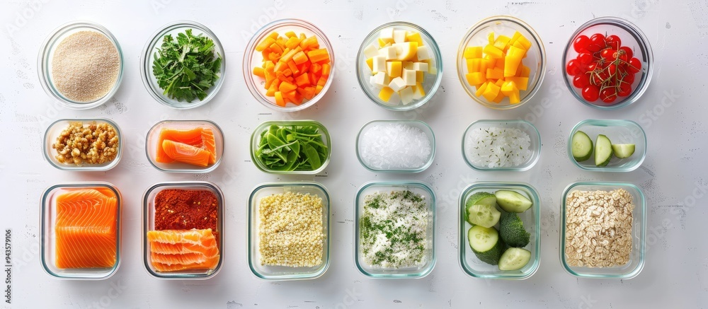 Poster nutritious food displayed in glass containers with ingredients on a white background in a flat lay c