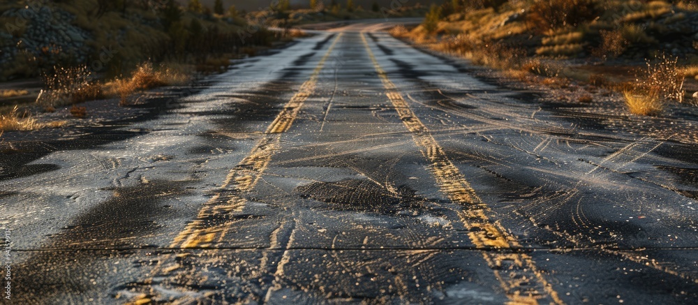 Poster deserted road with a crosswalk showing tire marks providing a copy space image