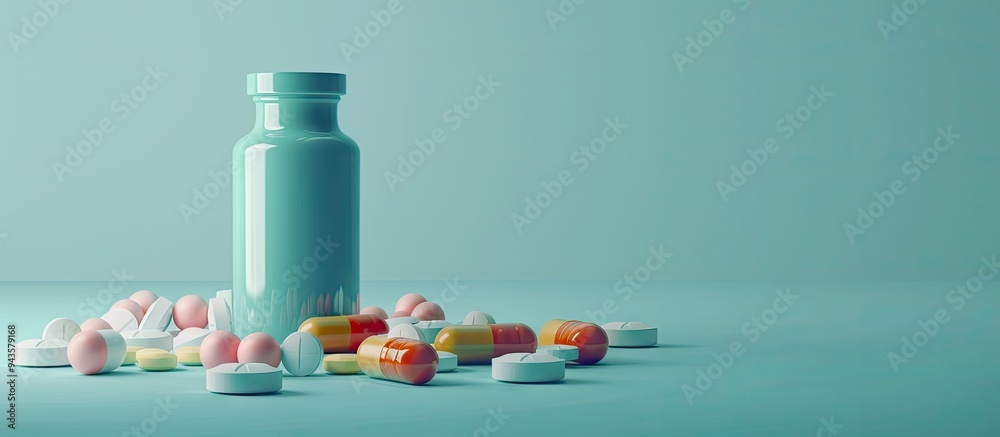 Poster an image of antibiotic pills and a bottle on a light blue backdrop with room for text suitable for a