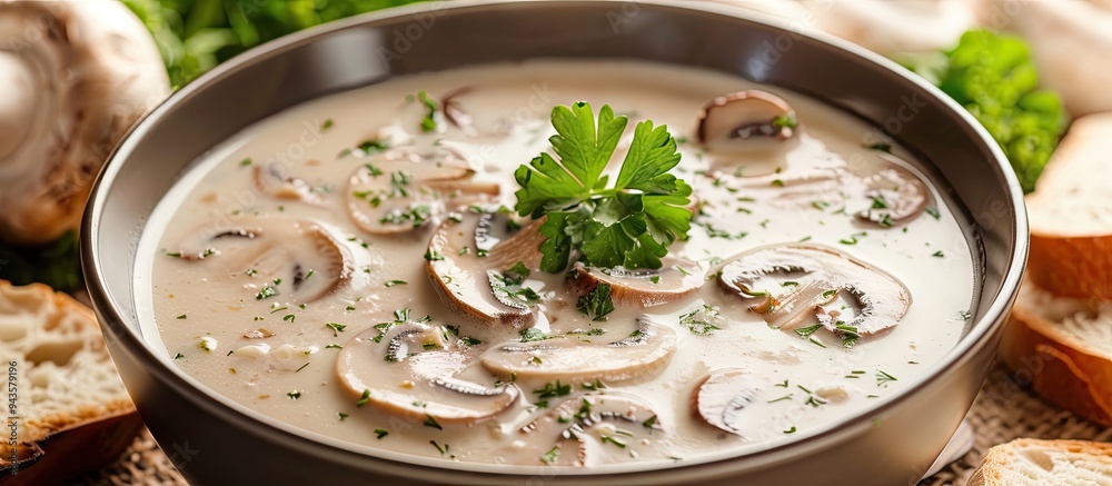 Aufkleber Creamy mushroom soup with parsley garnish and bread slices on a table with a copy space image