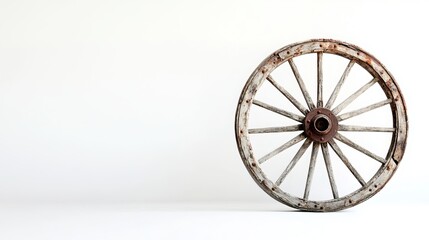 An antiquated wagon wheel, no longer in use, stands alone against a pristine white backdrop. Its weathered spokes and rugged rim hint at a history of traversing rugged terrain. 