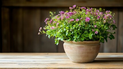 A rustic clay vase with flowers growing in unconventional directions, from the sides and base, creating a unique, whimsical floral display
