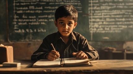close up of indian boy sitting at desk in school
