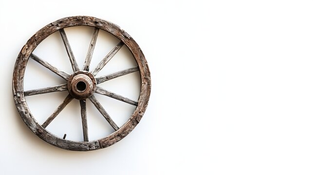 An antiquated wagon wheel, no longer in use, stands alone against a pristine white backdrop. Its weathered spokes and rugged rim hint at a history of traversing rugged terrain. 