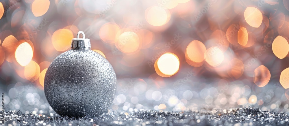 Poster Christmas bauble in silver against a blurry background with bokeh effect ideal for a banner design with copy space image