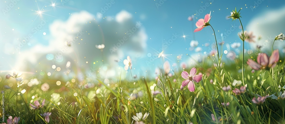 Poster nature setting with fresh grass and cosmos flowers in a picturesque meadow field providing a serene 