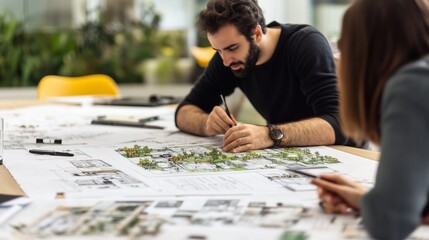 Fototapeta premium an architect draws a plan for a future residential complex