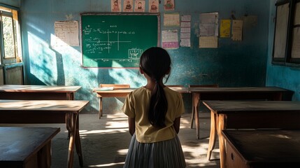 back view of indian girl looking at blackboard in school