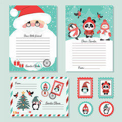 A set of holiday templates. A letter for Santa Claus, a letter from Santa Claus, a festive envelope with stamps and a set of holiday stamps. Bright children's vector design.