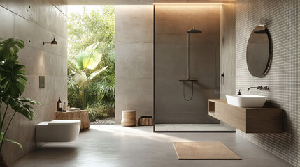 A modern bathroom featuring sleek tile walls, a concrete floor, and a design that includes a sink, toilet, and shower. --ar 16:9 --v 6.1 Job ID: 67bcdbb7-3a20-461f-9aeb-7e10b6366967