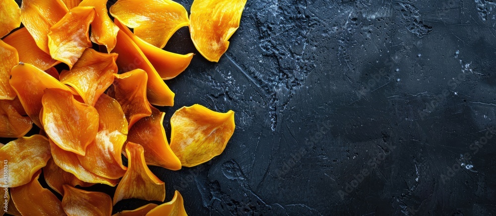 Poster healthy snack option with dried mango slices providing a copy space image opportunity