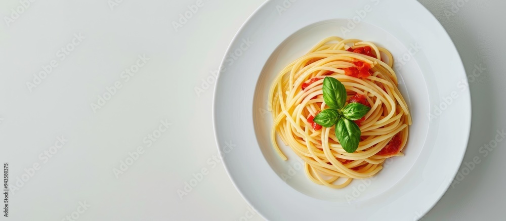 Sticker A packshot of spaghetti topped with basil on a white plate ideal for articles recipe books and design projects with copy space image