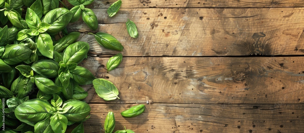 Poster fresh green organic basil leaves displayed on a textured wooden background ideal for vegan cuisine w